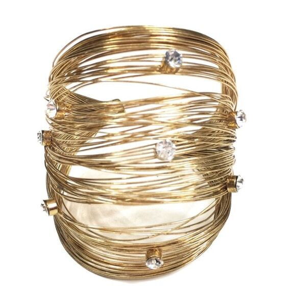 Gold Tone Wire Cuff Bracelet with Rhinestones - Picture 1 of 8